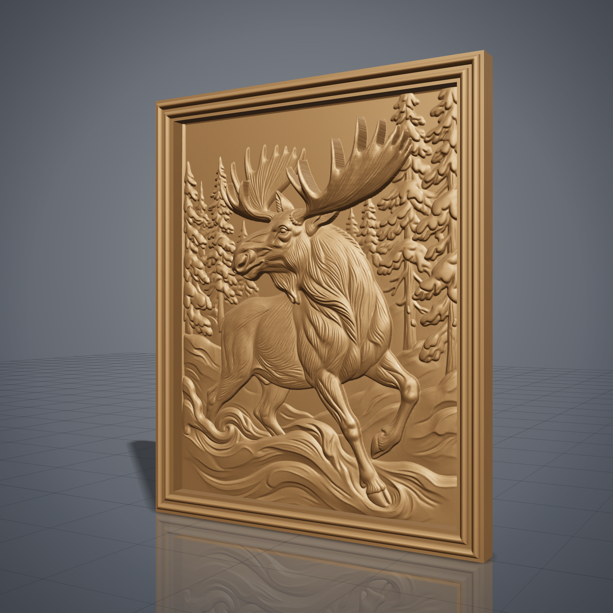 Realistic running moose with huge antlers and one front leg raised, framed by snow-covered pine trees with swirling snow waves below, shown as a portrait rectangular frame relief plaque with a stepped molded border, digital STL model for CNC router carving and 3D printing.
