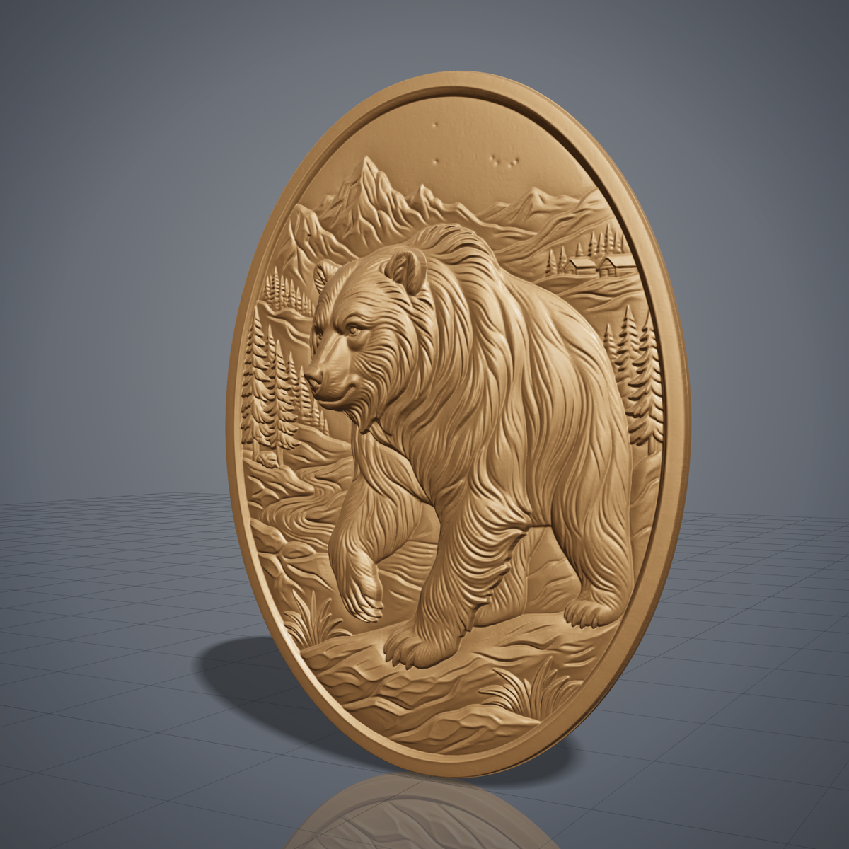 High-relief 3D bas-relief of a walking grizzly bear with flowing fur on an oval slab, set in a mountain valley with pine trees, a winding river, rocks, grass and a log cabin. Flat slab margin with no raised frame. Designed for CNC relief carving, wood routing and 3D printing as rustic cabin wall decor.