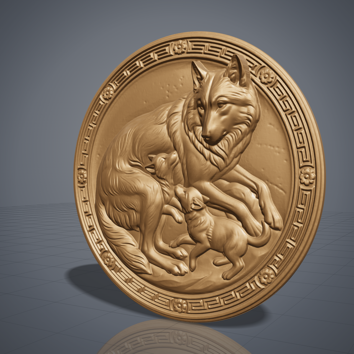 Detailed 3D bas-relief of a mother wolf resting with two playful pups, set inside a round medallion framed by a raised Greek key border and four floral rosettes. Soft fur texture and sculpted paws stand out against a smooth backing panel. Designed for CNC relief carving, wood routing, and 3D printing as nursery or family wall decor.