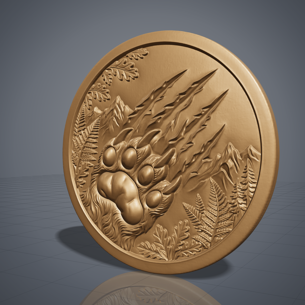 Detailed 3D bas-relief of a large bear paw with four toe pads and curved claws, with deep claw scratch marks slashing across a round medallion. Mountain peaks, ferns, oak leaves and pine trees fill the scene inside a raised ring border. Shown in carved walnut wood and grey resin. Designed for CNC relief carving, woodworking and 3D printing as rustic cabin wildlife wall decor.