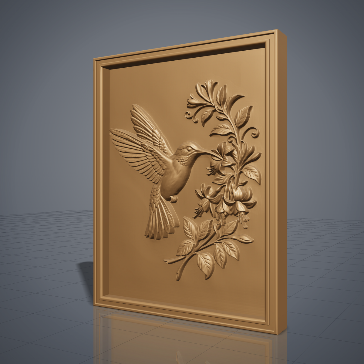 Detailed 3D bas-relief of a hummingbird in flight, wings fully spread, feeding at a cluster of trumpet-shaped fuchsia flowers with curling vines and leaves. Carved in rich walnut wood grain with fine feather texture, set within a raised rectangular frame border. Designed for CNC relief carving, wood routing, resin casting, and 3D printing as wall decor.