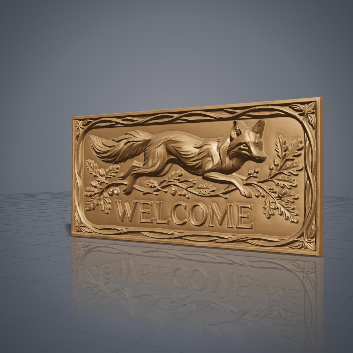 Detailed 3D bas-relief welcome sign showing a red fox leaping to the right with a long bushy tail, set over a flowing branch of oak leaves, acorns and berries. Raised WELCOME lettering sits below, all inside a wide rectangular frame of twisted vines with leaf accents at each corner. Designed for CNC relief carving, wood routing and 3D printing as rustic front door or porch decor.