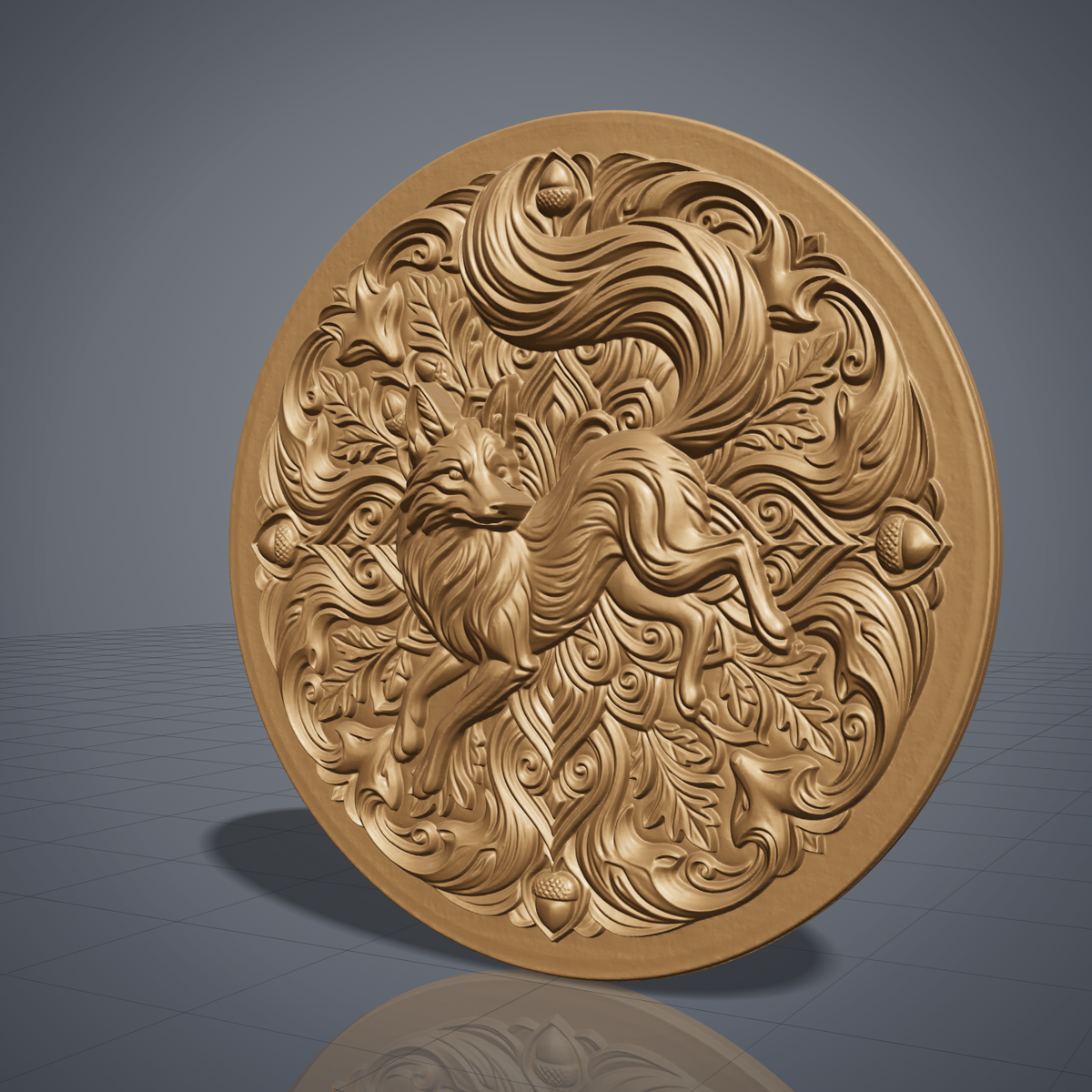 Highly detailed 3D bas-relief of a fox looking back over its shoulder, with a large swirling tail, oak leaves, acorns and symmetrical scrollwork forming a round mandala medallion with a plain raised rim. Shown carved in walnut wood, wood panel and grey resin. Designed for CNC relief carving, wood routing and 3D printing as wall decor.