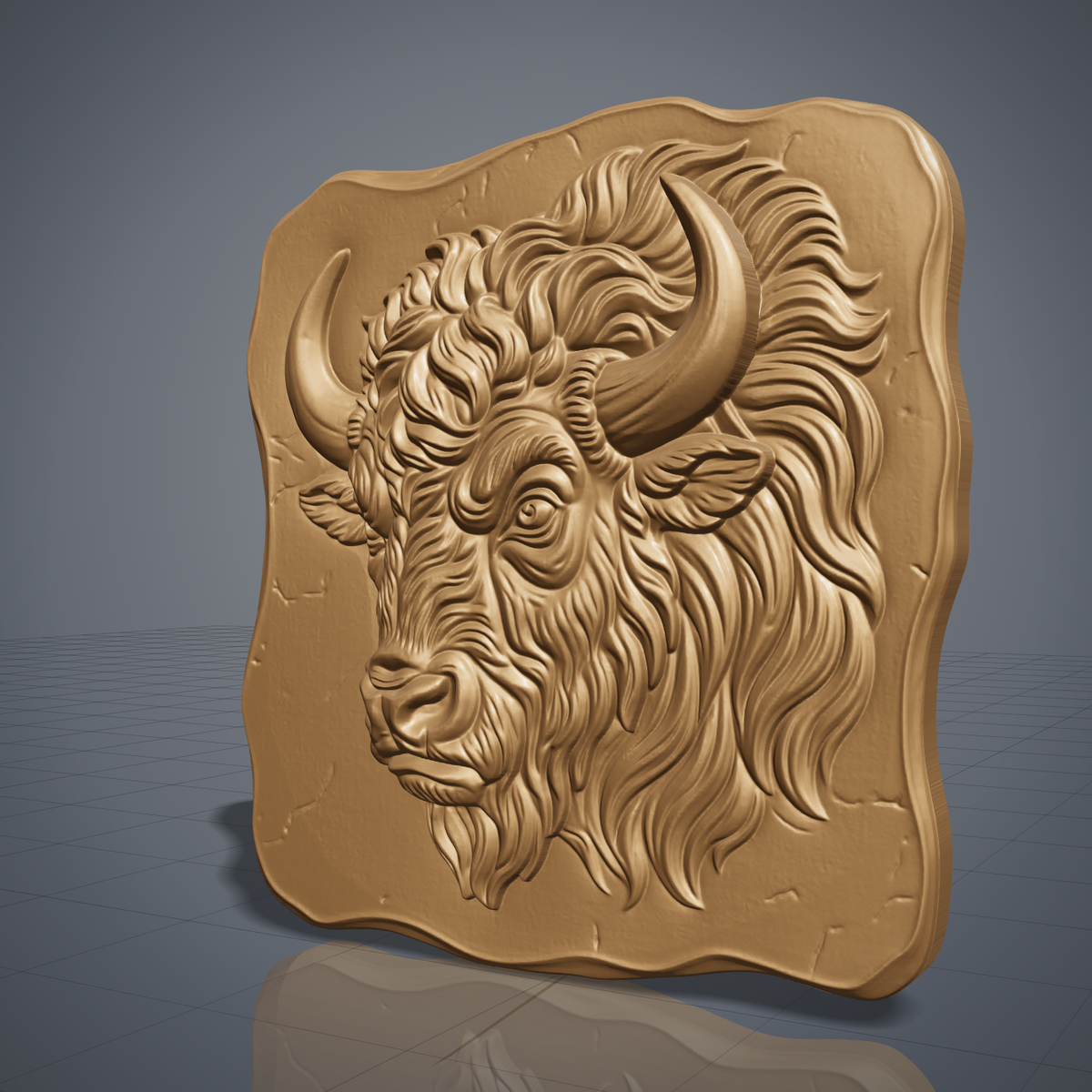 Bison head with long curved horns, shaggy mane and a fierce eye, carved in high relief on an irregular wavy cracked-stone slab, shown as a nearly square slab plaque without a frame, digital STL model for CNC router carving and 3D printing.