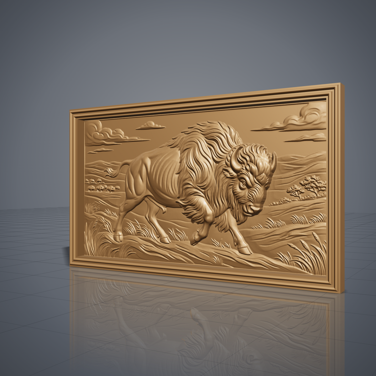 Bison walking across an open prairie with rolling hills, grass, a distant herd, trees and sculpted clouds, carved in high relief inside a wide landscape rectangle frame, digital STL model for CNC router carving and 3D printing.