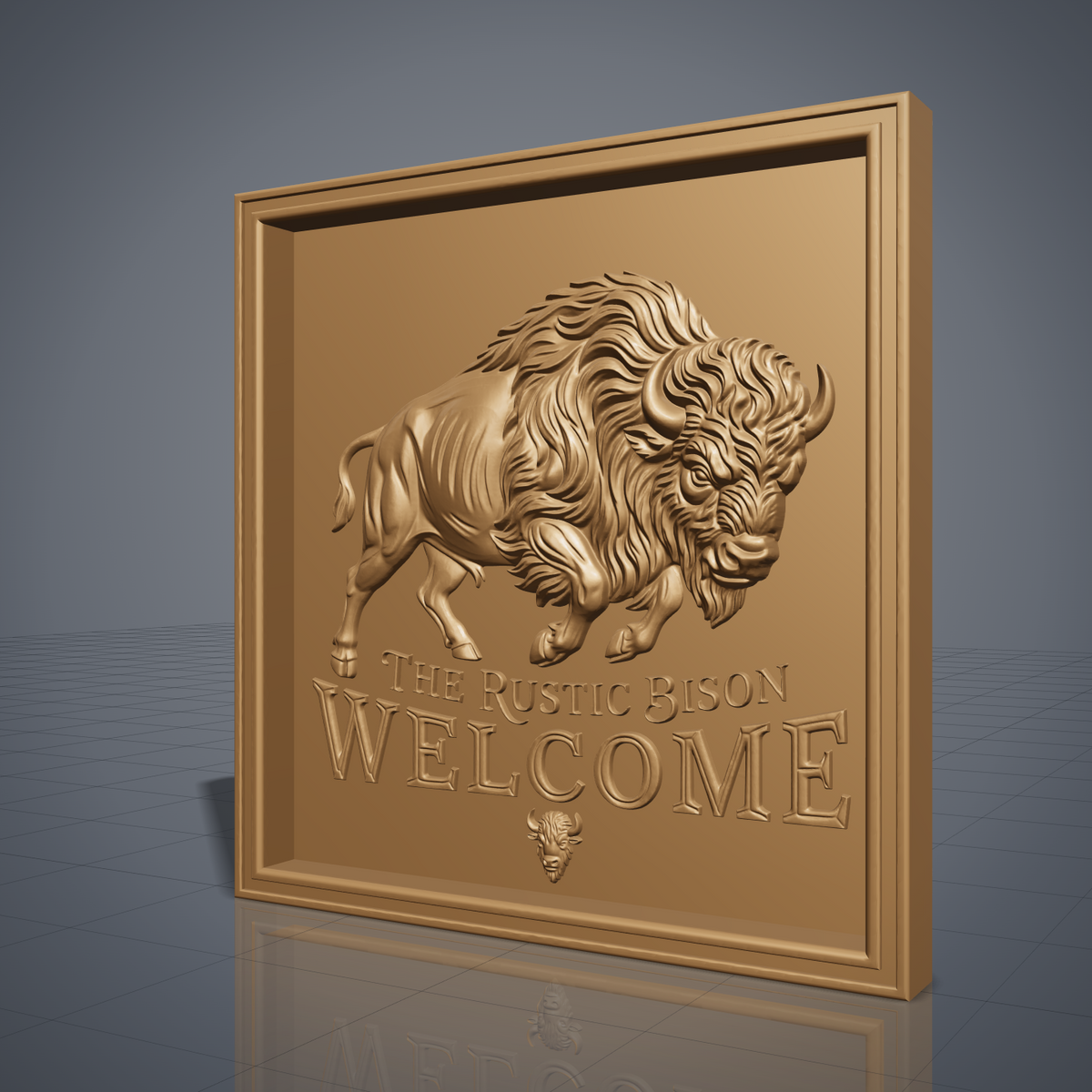 High-relief 3D bas-relief of a charging American bison with a shaggy mane and curved horns inside a stepped square frame. Raised lettering reads The Rustic Bison Welcome, with a small bison head emblem below. Fine fur and muscle detail on a flat panel. Designed for CNC relief carving, wood routing and 3D printing as a rustic welcome sign for a cabin, ranch or porch.