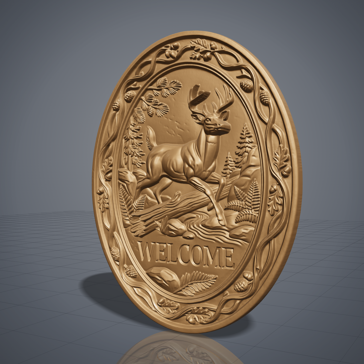 3D bas-relief welcome sign of a leaping buck with a full set of antlers, set in an oval frame with a raised vine border. Oak leaves, acorns, pine cones, ferns, rocks, a fallen log and a stream surround the deer, with carved WELCOME lettering below. Smooth sculpted anatomy and fine leaf detail. Designed for CNC relief carving, woodworking and 3D printing as oval wall decor.