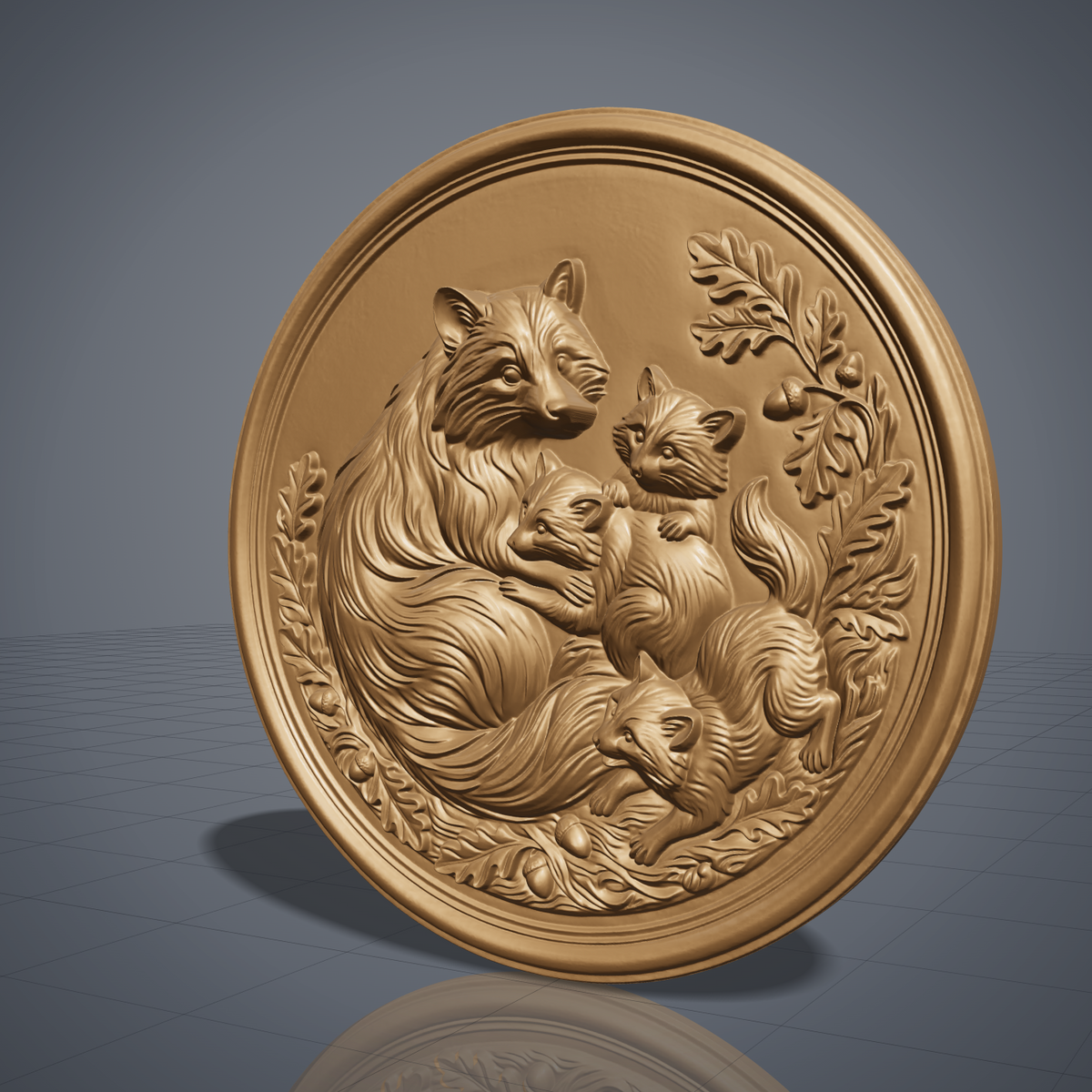 A mama raccoon cradles two kits while a third kit rests nearby, carved in deep 3D bas-relief with fine fur texture and expressive eyes. An oak leaf and acorn wreath wraps the scene, framed within a raised double-ring circular border. Designed for CNC relief carving, wood routing, and 3D printing as rustic wall decor.