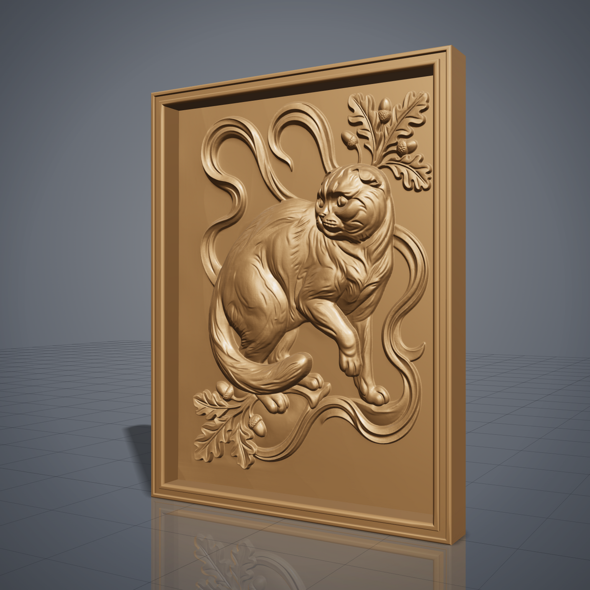 Crouching Scottish Fold cat carved in 3D bas-relief, with an oak leaf and acorn cluster rising behind its head and a curling Art Nouveau vine motif framing the scene. The tail wraps forward beneath a second oak leaf sprig, with fine fur and woodgrain texture throughout. Set within a raised rectangular molded frame. Designed for CNC relief carving, wood routing, resin casting, and 3D printing as wall decor.
