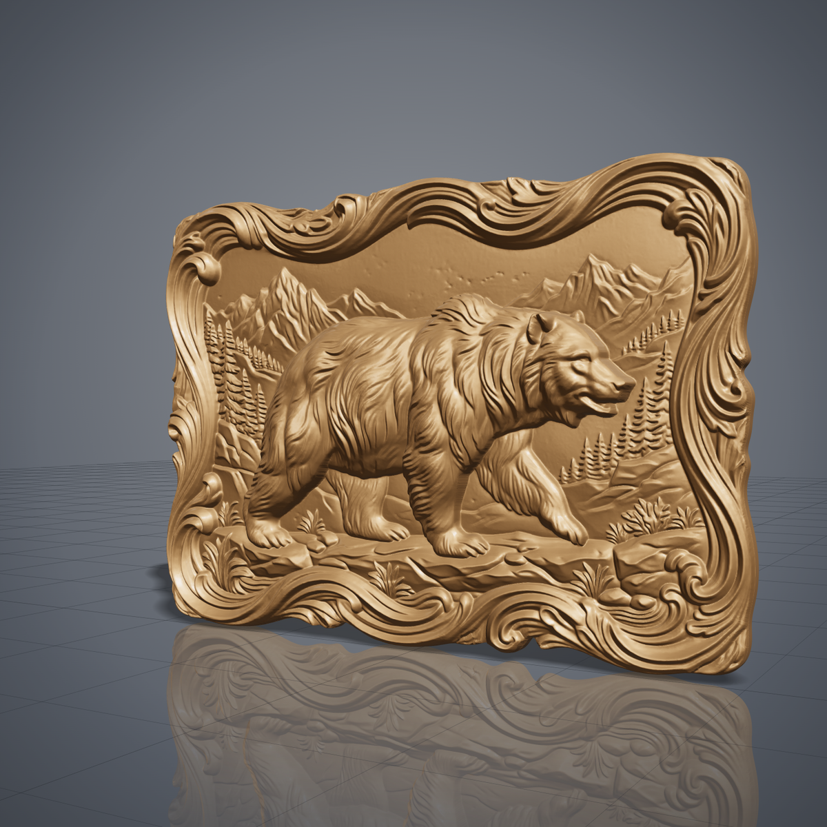 Detailed 3D bas-relief of a walking grizzly bear in side profile with thick shaggy fur, one front paw raised, set in a mountain valley with pine trees, grass tufts and rocks. Framed by an ornate wavy scrollwork border with a flowing irregular edge. Shown in carved walnut wood and grey resin. Designed for CNC relief carving, woodworking and 3D printing as rustic cabin wildlife wall decor.