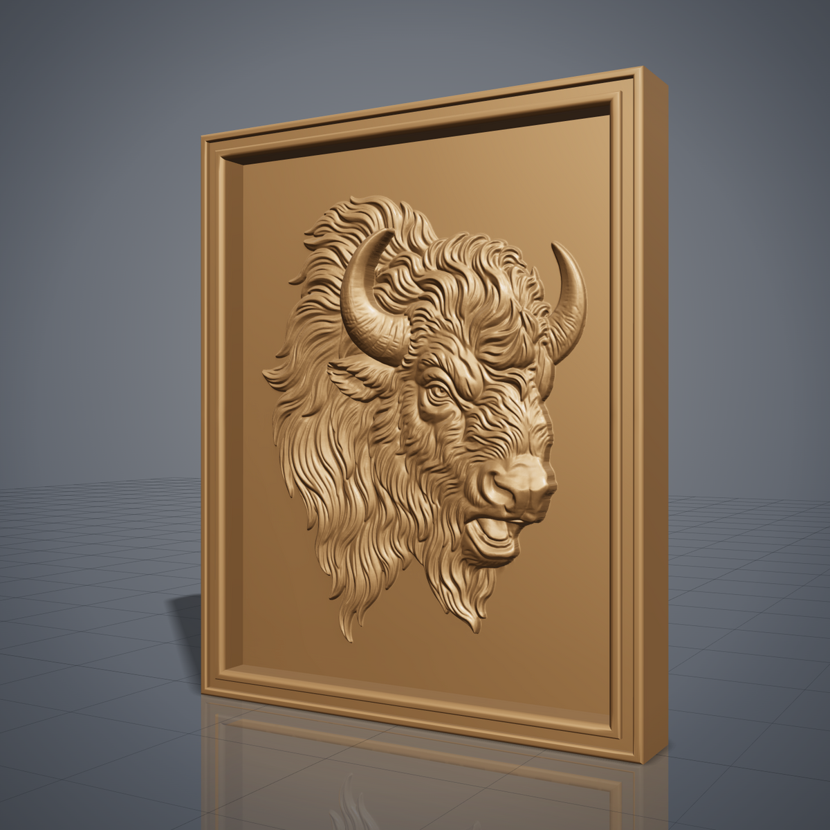Detailed 3D bas-relief portrait of an American bison head in three-quarter view facing right, with two curved horns, a deeply furrowed brow, open mouth and a long flowing mane sweeping to the left into a shaggy beard. Fine layered fur texture throughout, set inside a tall stepped rectangular frame border. Designed for CNC relief carving, wood routing and 3D printing as rustic western wall decor.