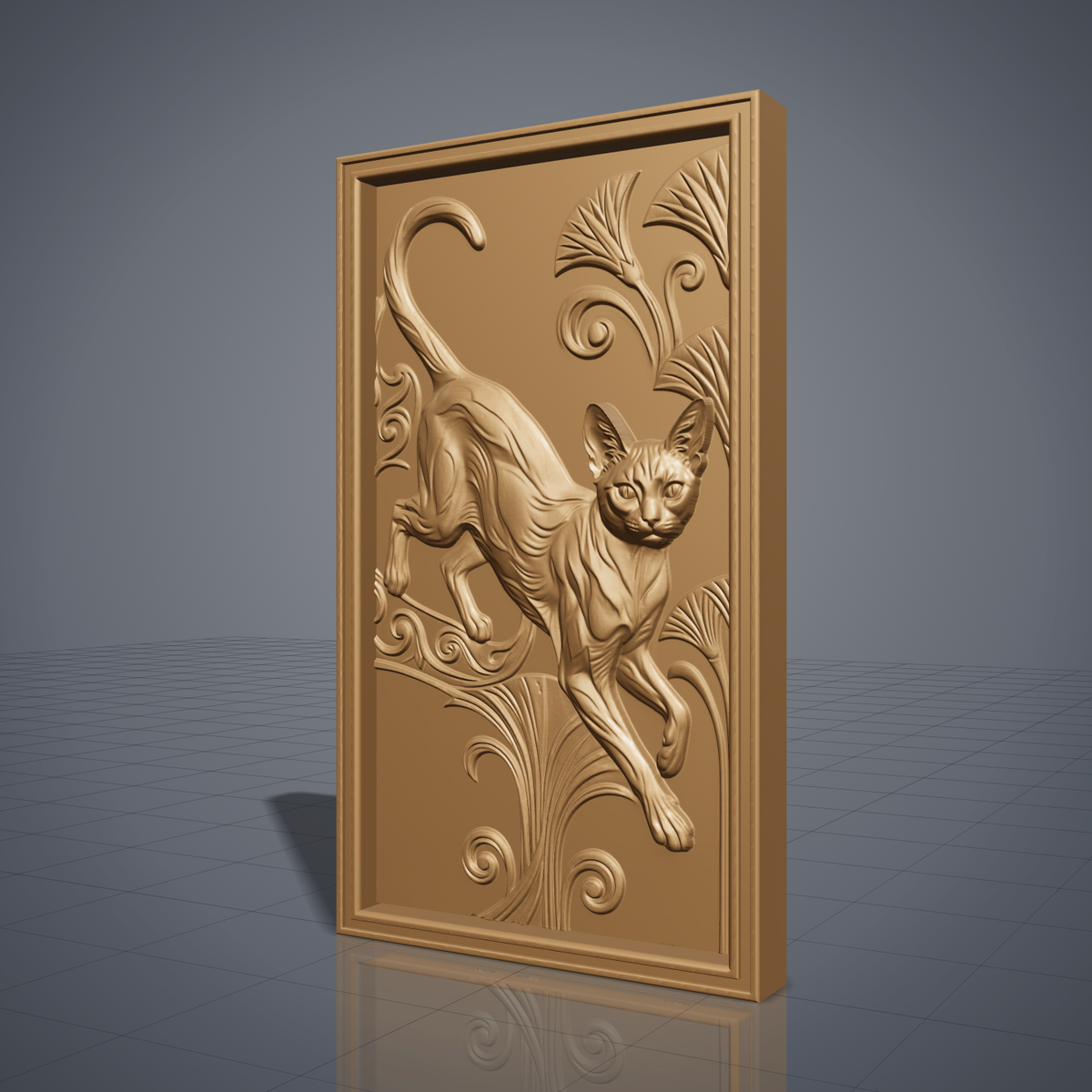 Sleek Oriental cat caught mid-leap with a curled tail, carved as a detailed 3D bas-relief among art nouveau lily fans and spiraling scrollwork. The design sits within a molded rectangular frame border. Designed for CNC relief carving, wood routing, and 3D printing as wall decor.