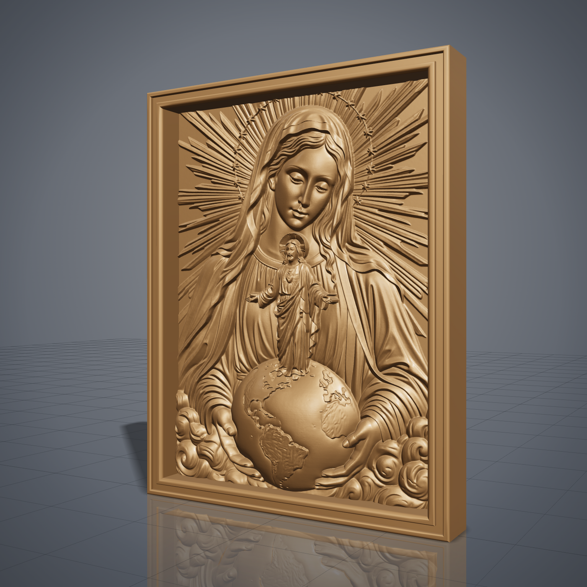 Bas-relief of the Virgin Mary with a radiant sunburst halo ringed by stars, gently gazing down as she holds the world in her open hands. The Sacred Heart of Jesus stands atop the globe with arms outstretched, haloed and robed, carved in fine wood-grain texture. Continents are detailed on the globe, framed by soft clouds below within a rectangular molded border. Designed for CNC relief carving, wood routing, and 3D printing as devotional wall decor.