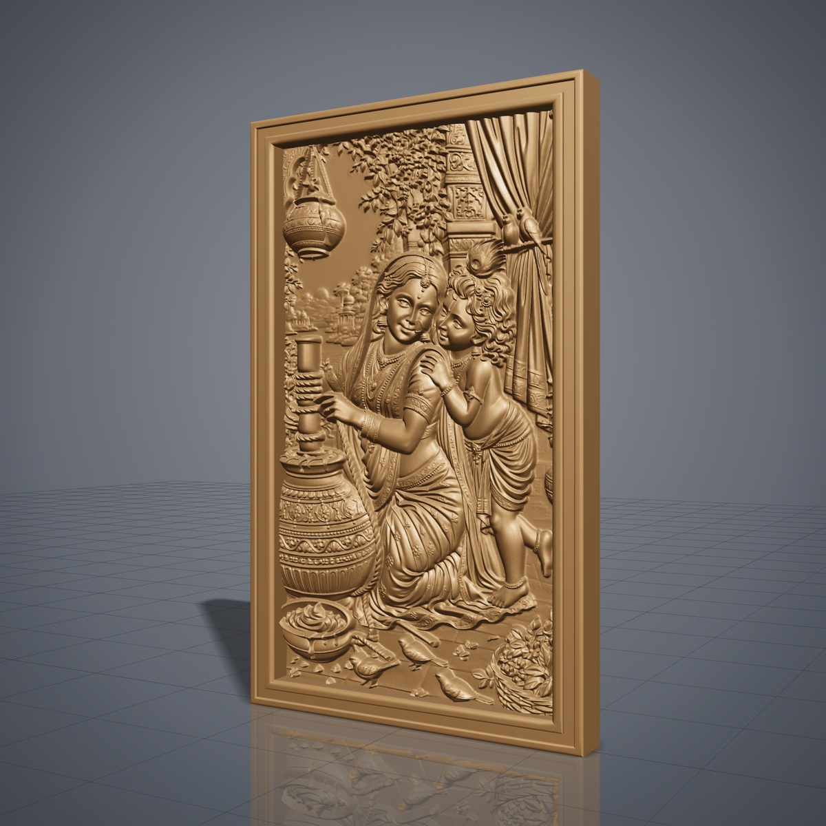 3D bas-relief of Yashoda churning butter beside young Krishna, who leans affectionately on her shoulder. The scene includes a hanging clay pot, flowering branches, a draped curtain with two parrots, and small birds at their feet, all carved with fine detail and rich wood grain texture. Set within a plain rectangular frame with a smooth molded border. Designed for CNC relief carving, wood routing, and 3D printing as devotional wall decor.