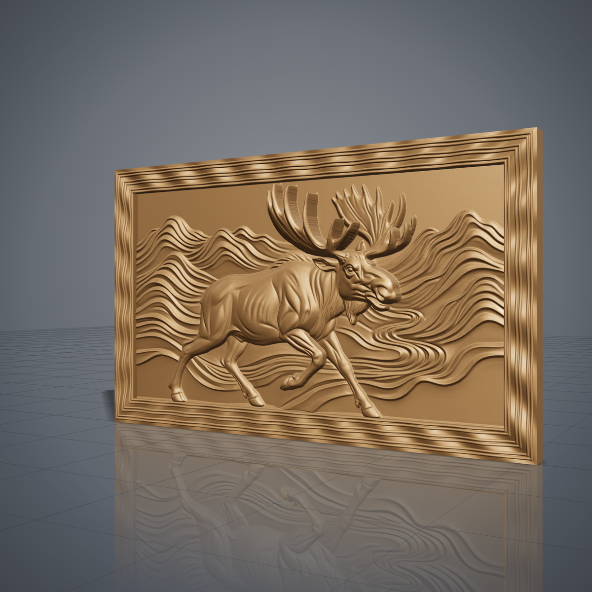 High-relief 3D bas-relief of a running moose with huge antlers striding through flowing wave-pattern mountains beside a winding river, set in a wide landscape rectangular plaque with a wavy stepped molded border. Fine fur, muscle and layered ridge detail. Designed for CNC relief carving, wood routing and 3D printing as rustic wildlife wall decor for a cabin, lodge or den.
