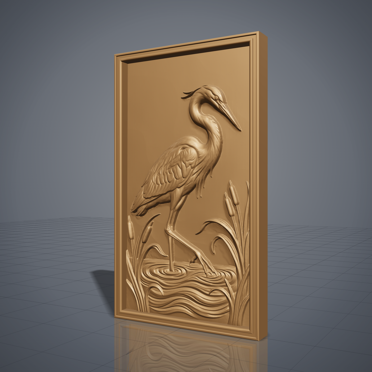 Detailed 3D bas-relief of a great blue heron wading in a marsh, one leg raised above rippling water, feathers and neck carved with fine texture. Tall cattails and reed grasses frame both sides of the bird within a rectangular molded border. Available in walnut wood and grey resin finishes. Designed for CNC relief carving, wood routing, and 3D printing as wildlife wall decor.