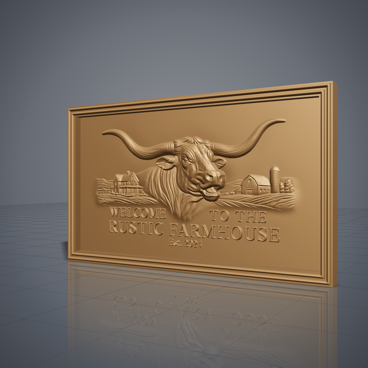 Detailed 3D bas-relief of a Texas longhorn bull with wide curved horns, set in a farmhouse and barn landscape with rolling fields and a silo. Raised lettering reads Welcome to the Rustic Farmhouse Est. 2024 below the bull, all inside a stepped molded rectangular frame. Fine hair, horn and wood-ready surface detail. Made for CNC router carving, woodworking, 3D printing and rustic western wall decor.