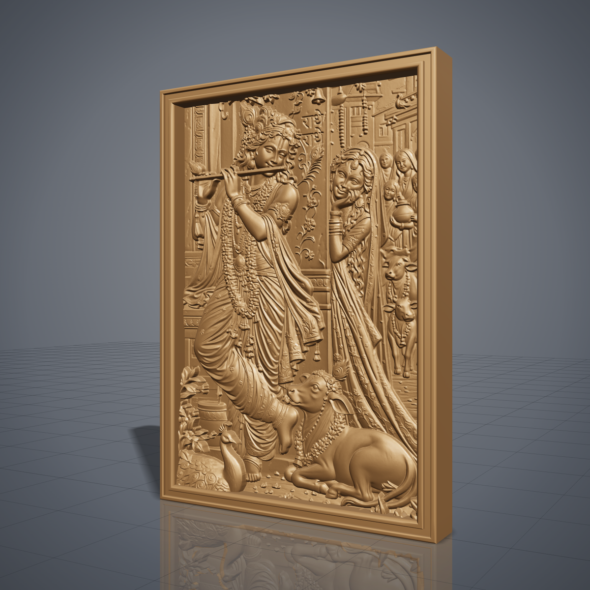 Bas-relief of Radha and Krishna, Krishna playing a flute beneath a carved doorway inscribed Radhe Radhe, with Radha resting her chin on her hand beside him. Gopis carrying pots and grazing cows fill the background, a peacock and calf rest below, all carved in rich wood-grain texture within a rectangular frame. Designed for CNC relief carving, wood routing, and 3D printing as devotional wall decor.