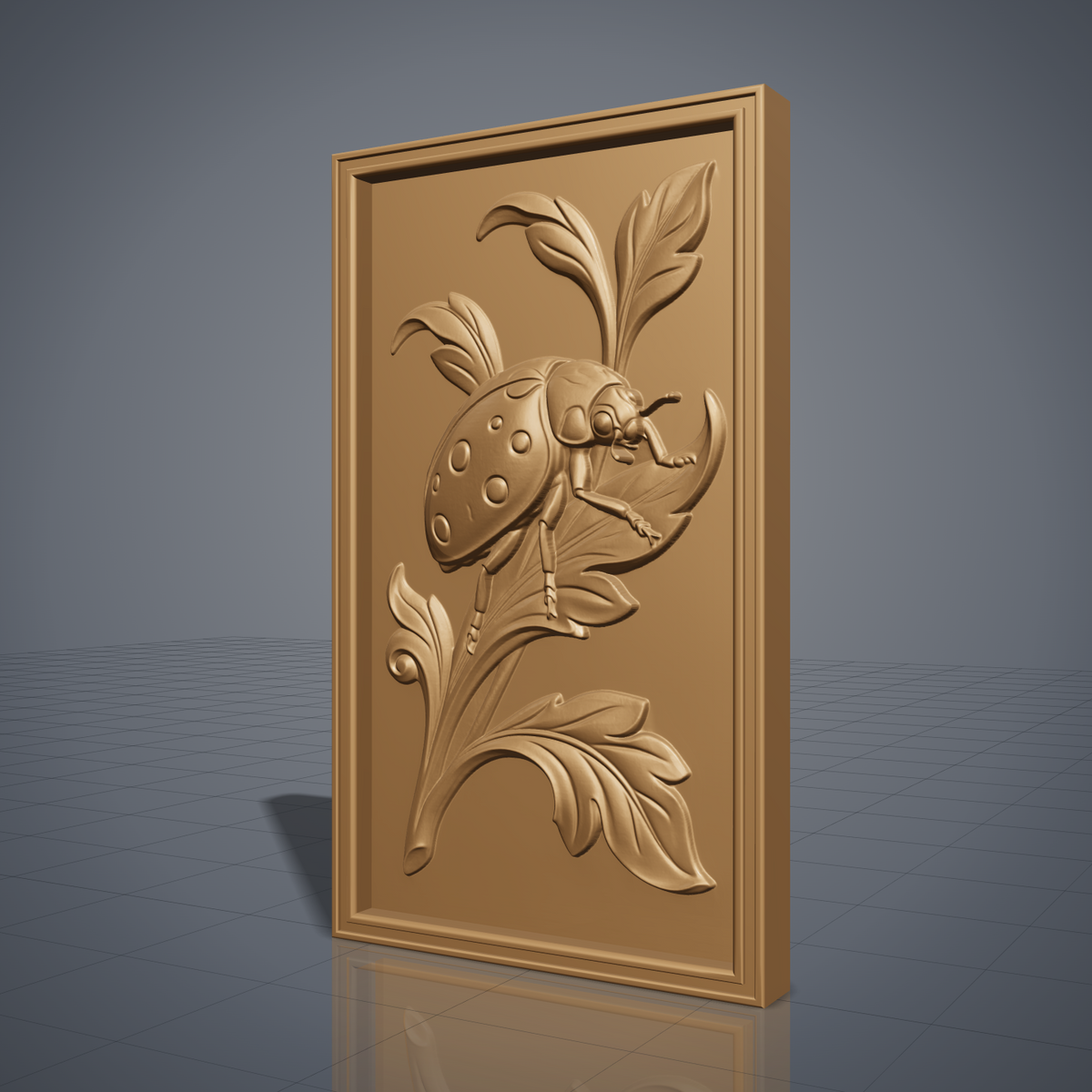 Detailed 3D bas-relief of a ladybug beetle perched on curling acanthus leaves, with raised dot patterns on its shell, delicate antennae, and jointed legs gripping a leaf tip. Carved in rich walnut wood grain with a polished satin finish, framed within a rectangular molded border. Designed for CNC relief carving, wood routing, resin casting, and 3D printing as wall decor.