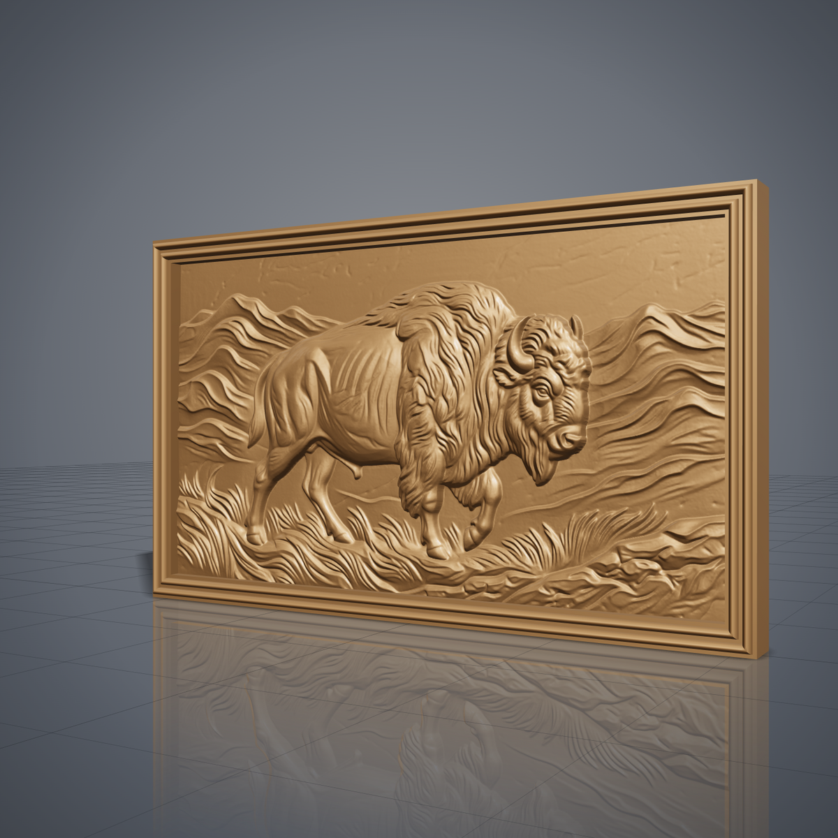 Detailed 3D bas-relief of an American bison walking through rolling mountains and wind-swept prairie grass, with shaggy mane, curved horn, raised front hoof and fine fur texture. Set in a rectangular panel with a stepped molded frame, shown in carved walnut wood. Designed for CNC relief carving, woodworking and 3D printing as rustic western wall decor.