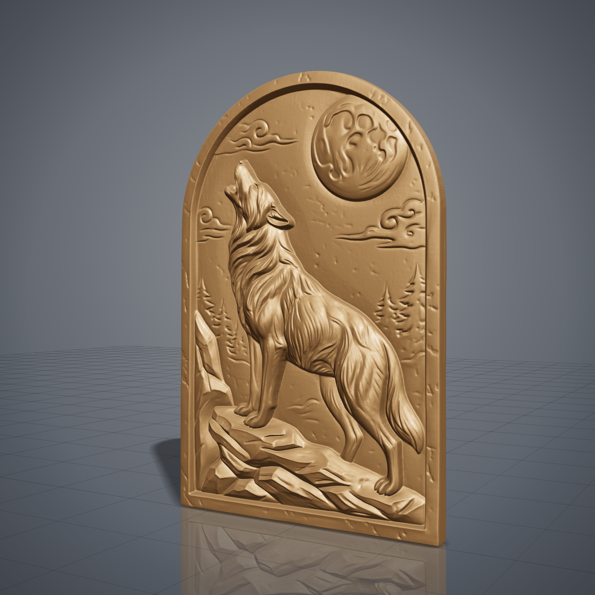 Detailed 3D bas-relief of a wolf howling at a full moon, standing on a rocky ledge with deep fur texture, swirling clouds, pine trees and mountain rocks behind. The scene is carved on an arched-top panel with a thin raised border and rustic wood grain. Designed for CNC router carving, wood routing and 3D printing as wolf wall decor for a cabin or lodge.