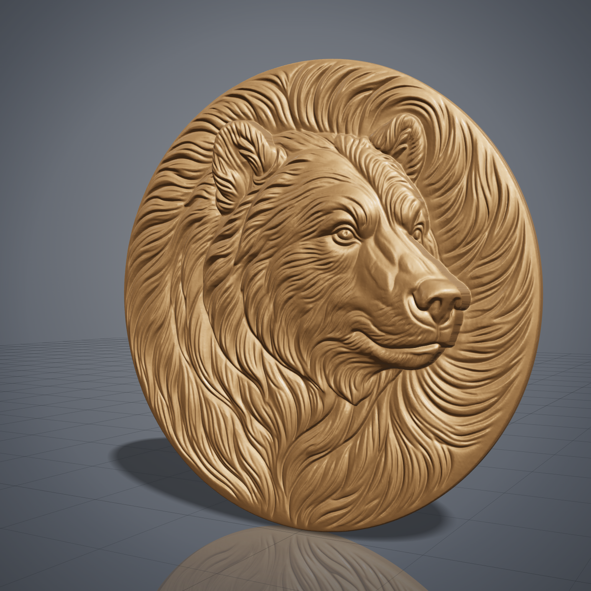 Detailed 3D bas-relief of a grizzly bear head in profile with flowing fur swirling to the edge of a round medallion disc, with expressive eyes, rounded ears and textured muzzle. Shown in carved walnut wood and grey resin. Designed for CNC relief carving, woodworking and 3D printing as rustic cabin wildlife wall decor.
