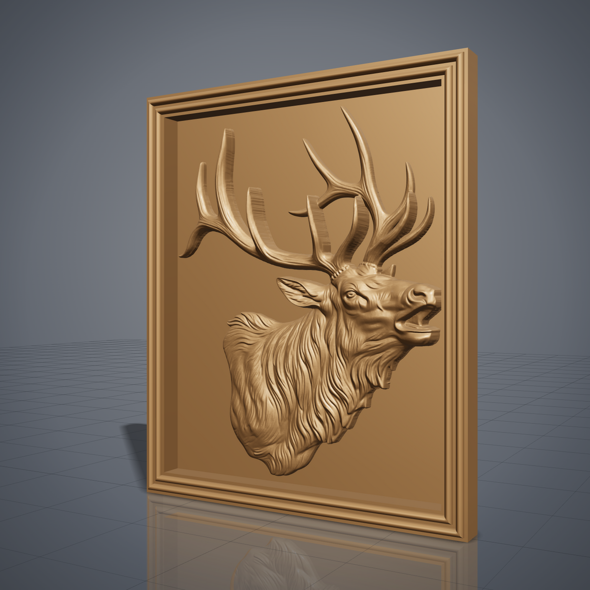 Detailed 3D bas-relief of a bugling bull elk head and shoulders with open mouth, large branching antlers, shaggy mane and fine fur texture. Set in a rectangular panel with a stepped molded frame, shown in carved walnut wood. Designed for CNC relief carving, woodworking and 3D printing as rustic wildlife wall decor.