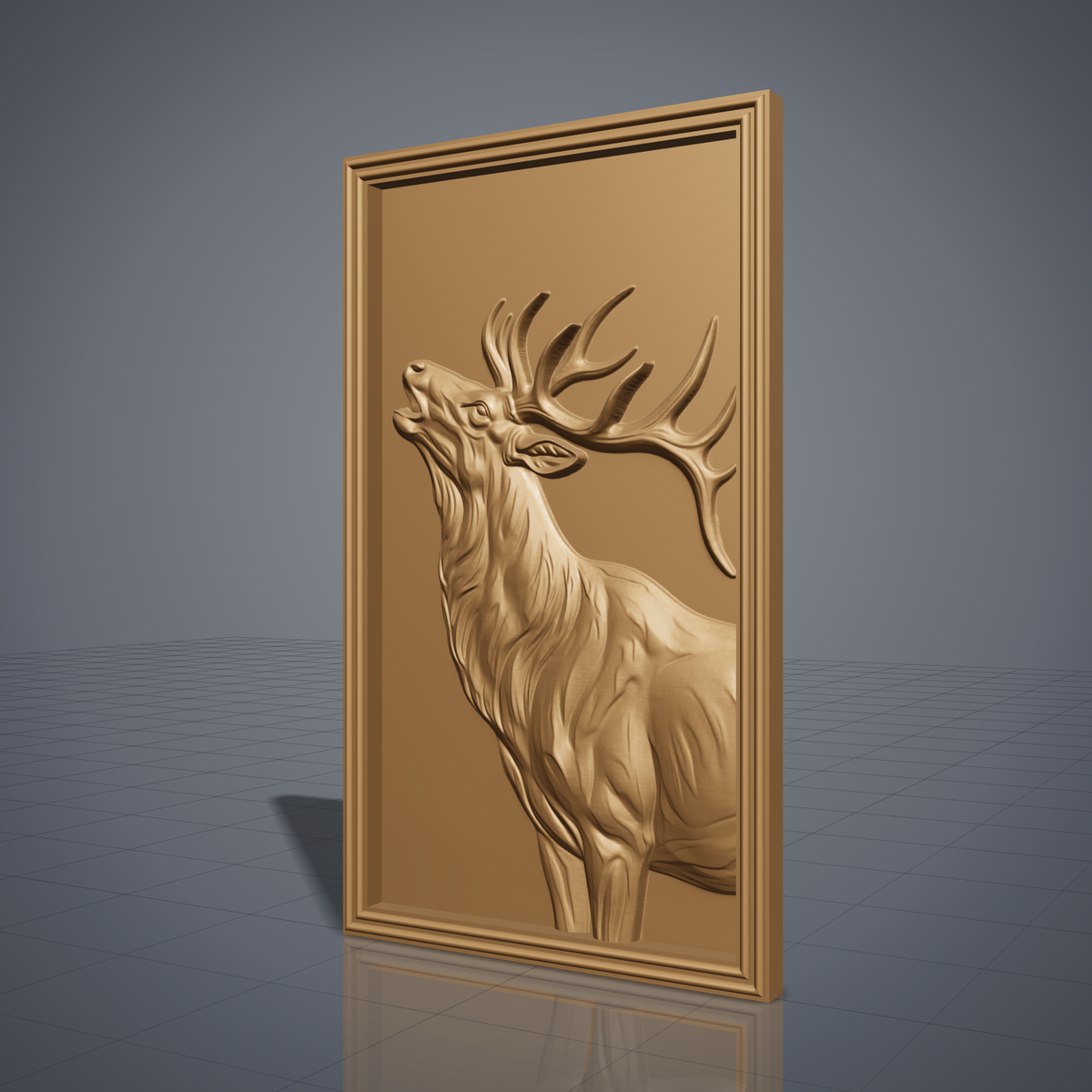 Detailed 3D bas-relief of a bull elk in side profile with head raised, large branching antlers, flowing mane and fine fur texture. Set in a rectangular panel with a stepped molded frame, shown in carved walnut wood. Designed for CNC relief carving, woodworking and 3D printing as rustic wildlife wall decor.