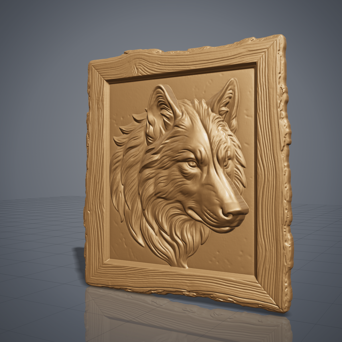 Detailed 3D bas-relief of a wolf head in profile with flowing layered fur, pointed ears and a calm watchful eye, set in a rustic live-edge wood picture frame with raised grain and rough natural edges around a recessed panel. Deep fur texture and carved wood grain. Made for CNC router carving, woodworking, 3D printing and rustic cabin wall decor.