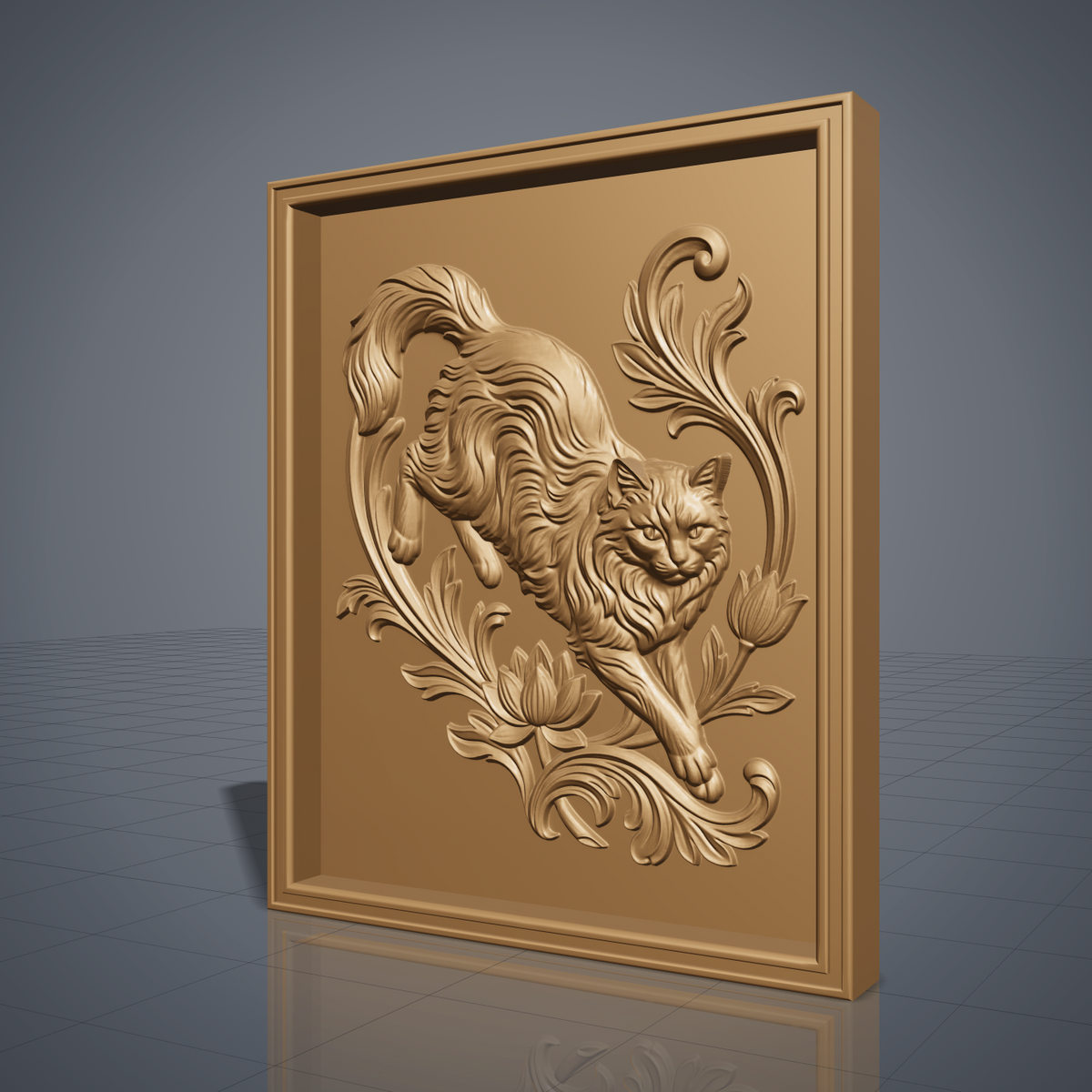 Long-haired cat in a leaping pose with a large curled tail, carved in detailed 3D bas-relief and surrounded by baroque acanthus scrollwork and blooming lotus flowers. The design sits within a raised rectangular frame border, shown here in dark walnut wood and grey resin finishes. Designed for CNC relief carving, wood routing, and 3D printing as wall decor.