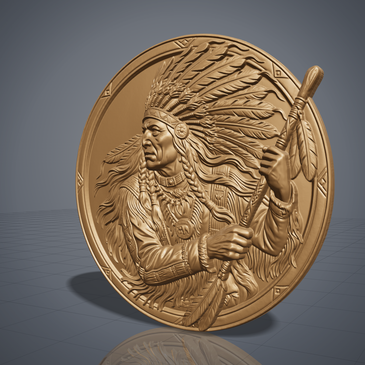 A profile portrait of a Native American chief in a tall feathered headdress with long braided hair, wearing a fringed tunic, bear-claw pendant necklace, and holding a feathered coup staff. Carved in deep 3D bas-relief with rich woodgrain texture, set within a round medallion bordered by a geometric diamond pattern. Ideal for CNC relief carving, wood routing, and 3D printing as rustic wall decor.