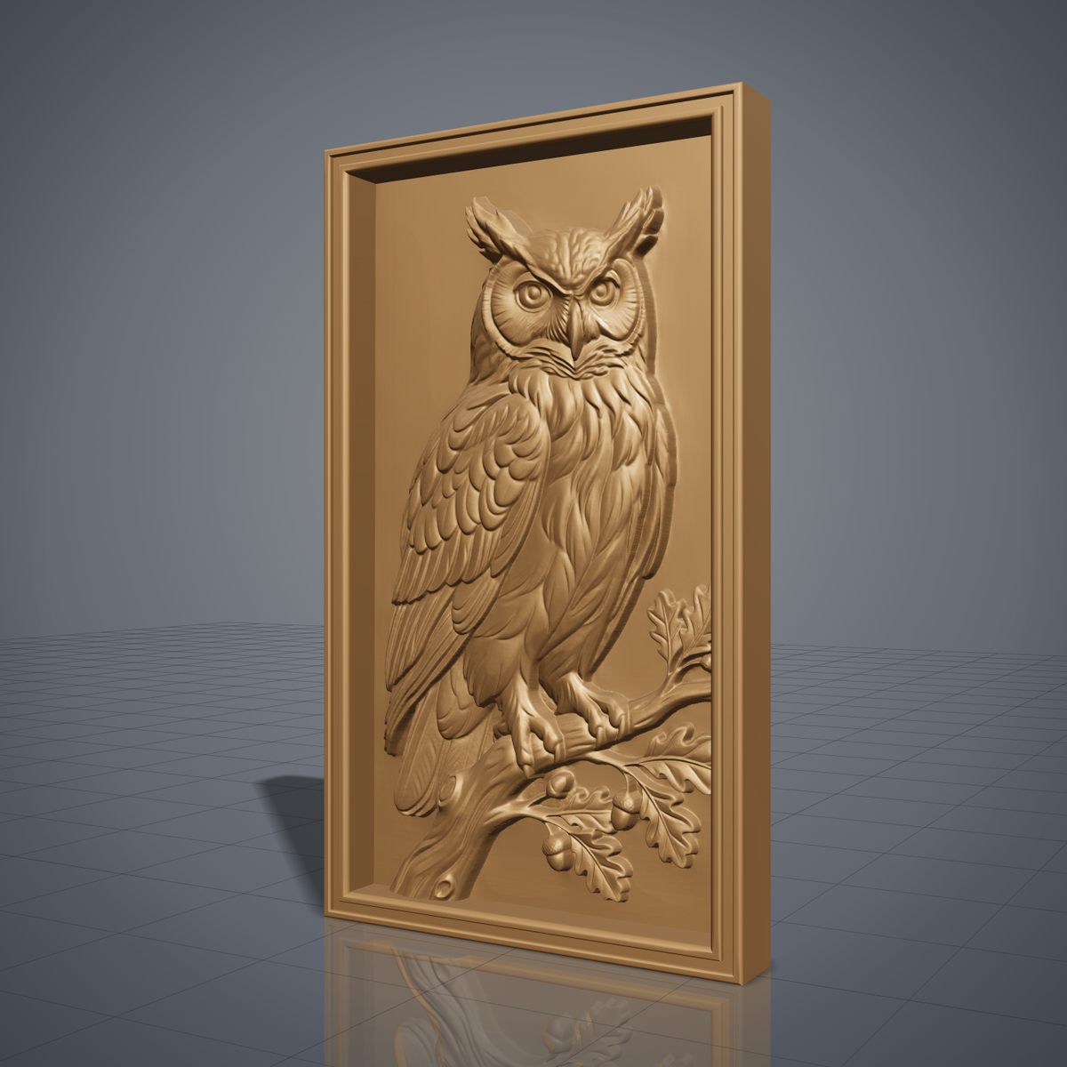 Detailed 3D bas-relief of a great horned owl perched on an oak branch, wings folded, large forward-facing eyes, surrounded by acorns and oak leaves. Carved in rich walnut wood grain with fine feather texture, set within a raised rectangular frame border. Designed for CNC relief carving, wood routing, resin casting, and 3D printing as wall decor.