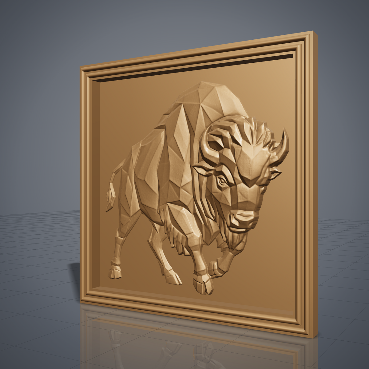 Full-body low poly geometric bison walking forward with lowered head and curved horns, faceted angular planes carved in relief inside a square stepped molded frame, digital STL model for CNC router carving and 3D printing.
