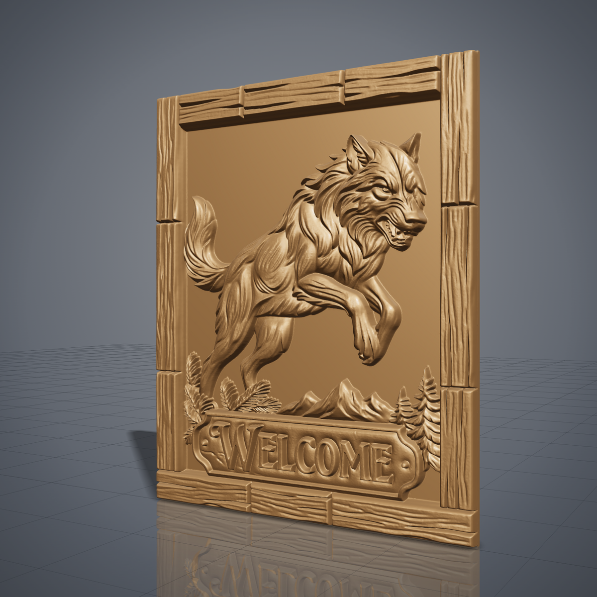 Detailed 3D bas-relief of a snarling gray wolf leaping with front paws raised, fur texture carved in deep relief, with pine branches, mountain peaks and fir trees at the base. A raised WELCOME name plaque sits at the bottom inside a rustic plank wood frame with wood grain. Designed for CNC router carving, wood routing and 3D printing as a welcome sign or cabin wall decor.