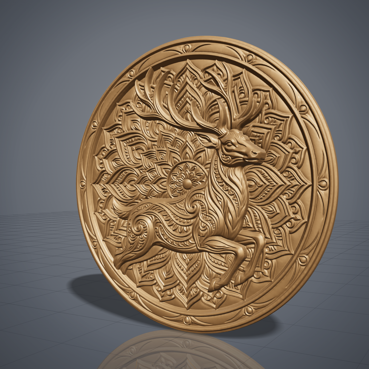 Detailed 3D bas-relief of a leaping stag with large branching antlers, its body carved with flowing swirl and paisley patterns, set against a lotus mandala of layered petals. A raised circular frame with a stepped ring and bead accents surrounds the scene. Fine carved texture and depth. Designed for CNC relief carving, woodworking, resin casting and 3D printing as wall decor.