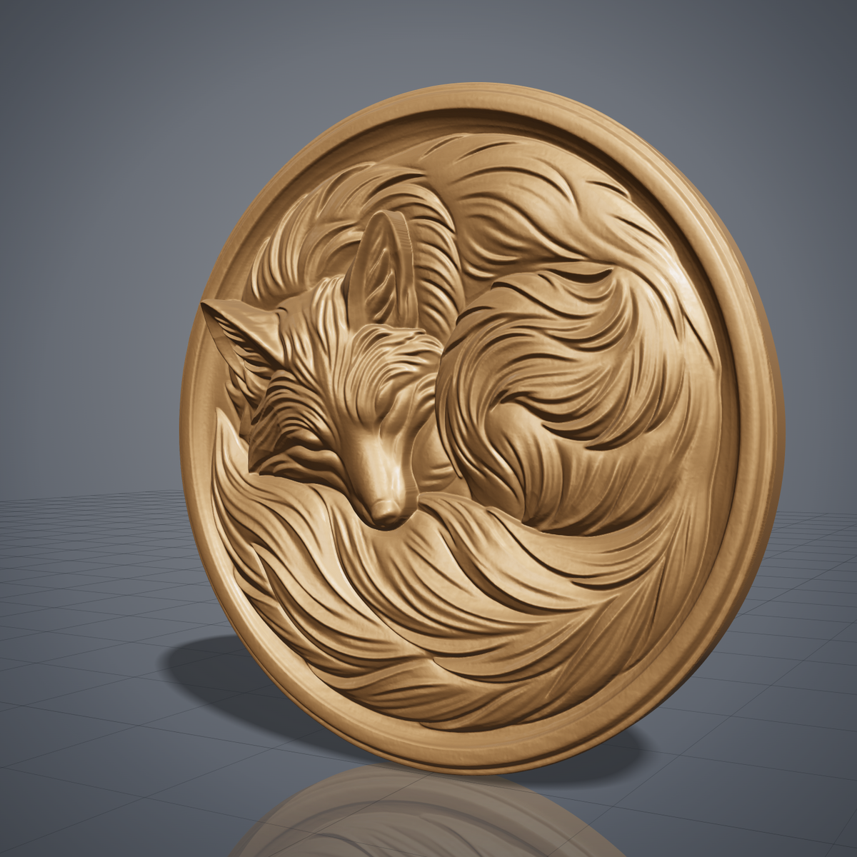 Detailed 3D bas-relief of a mother fox curled around two kits, nuzzling one tucked in her paws while the second lies on its back reaching up to her. Oak leaves and acorns fill the recessed field, framed by a ring of raised beads between two smooth rims. Carved wood texture in high relief. Designed for CNC relief carving, wood routing, and 3D printing as nursery and woodland wall decor.