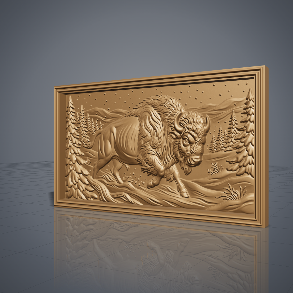 Detailed 3D bas-relief of a powerful bison charging through deep snow, head lowered with curved horns, shaggy mane and one front hoof raised. Snowy pine trees line both sides, rolling hills and falling snowflakes fill the sky, and snow sprays near the hooves. Set in a rectangular panel with a stepped molded frame. Designed for CNC relief carving, wood routing and 3D printing as rustic cabin wall decor.