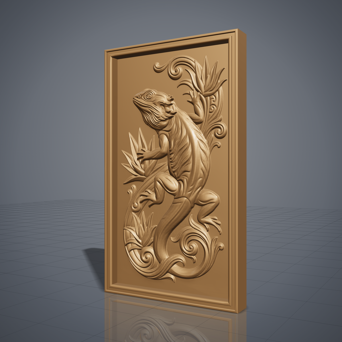 Detailed 3D bas-relief of a bearded dragon in a climbing pose, with spiky dorsal frill and beard scales, textured body scales, and one leg reaching onto a bird of paradise leaf. Tropical leaf motifs and a curling tail scrollwork fill the design, framed by a raised rectangular border. Carved texture with fine surface detail throughout. Designed for CNC relief carving, wood routing, resin casting, and 3D printing as wall decor.