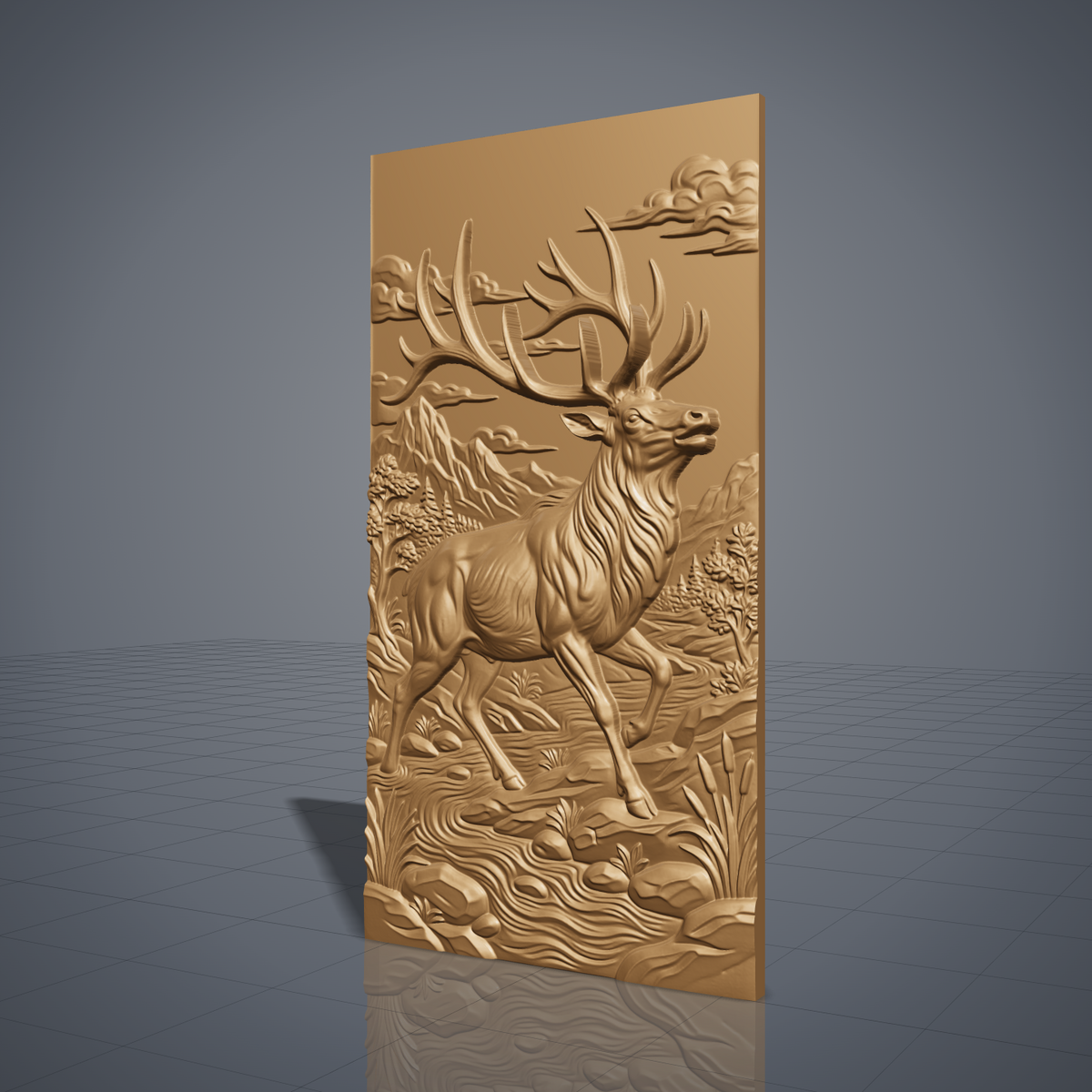 Detailed 3D bas-relief of a majestic bull elk with large antlers raised, striding through a mountain river valley with pine trees, cattails, rocks and clouds, set inside a stepped molded rectangular frame. Shown in carved walnut wood and grey resin. Designed for CNC relief carving, woodworking and 3D printing as rustic wildlife wall decor.
