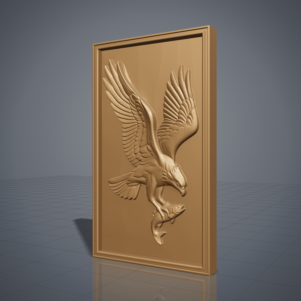 Highly detailed 3D bas-relief of a bald eagle diving with wings raised and spread wide, talons gripping a fish, head turned down toward its catch, carved in rich walnut wood. Framed by a raised, molded picture-frame border on a vertical rectangular panel. Fine relief carving captures individual feather barbs, fish scales, and natural wood grain. Designed for CNC relief carving, wood routing, and 3D printing as wildlife, lodge, or patriotic wall decor.
