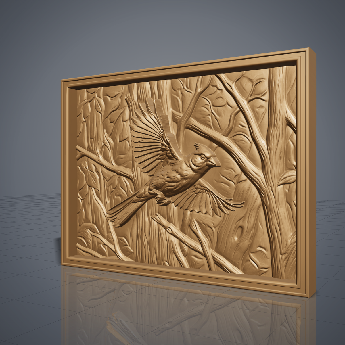 Detailed 3D bas-relief of a cardinal in flight, wings spread and tail fanned, perched among carved forest branches and leaves. The scene is set within a raised rectangular frame border, with fine feather and wood-grain texture throughout. Shown rendered in walnut wood, grey resin, and carved panel finishes. Designed for CNC relief carving, wood routing, and 3D printing as wall decor.