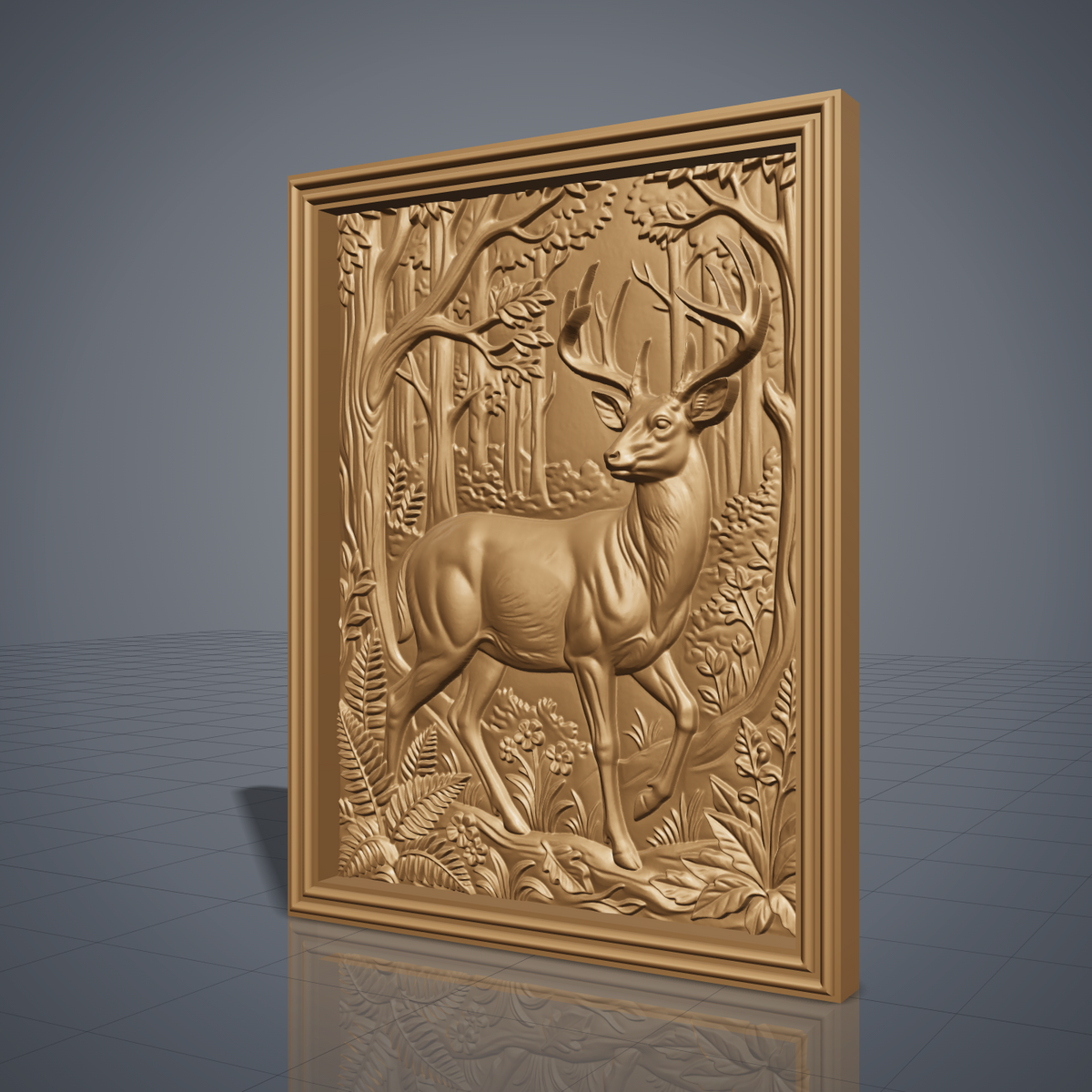 3D bas-relief of a majestic buck with a full set of antlers, standing in a woodland scene inside a rectangular frame with a moulded stepped border. Tall trees, leafy branches, ferns, wildflowers and a fallen log surround the deer. Smooth sculpted anatomy and fine foliage detail. Designed for CNC relief carving, woodworking and 3D printing as rectangular wall decor.