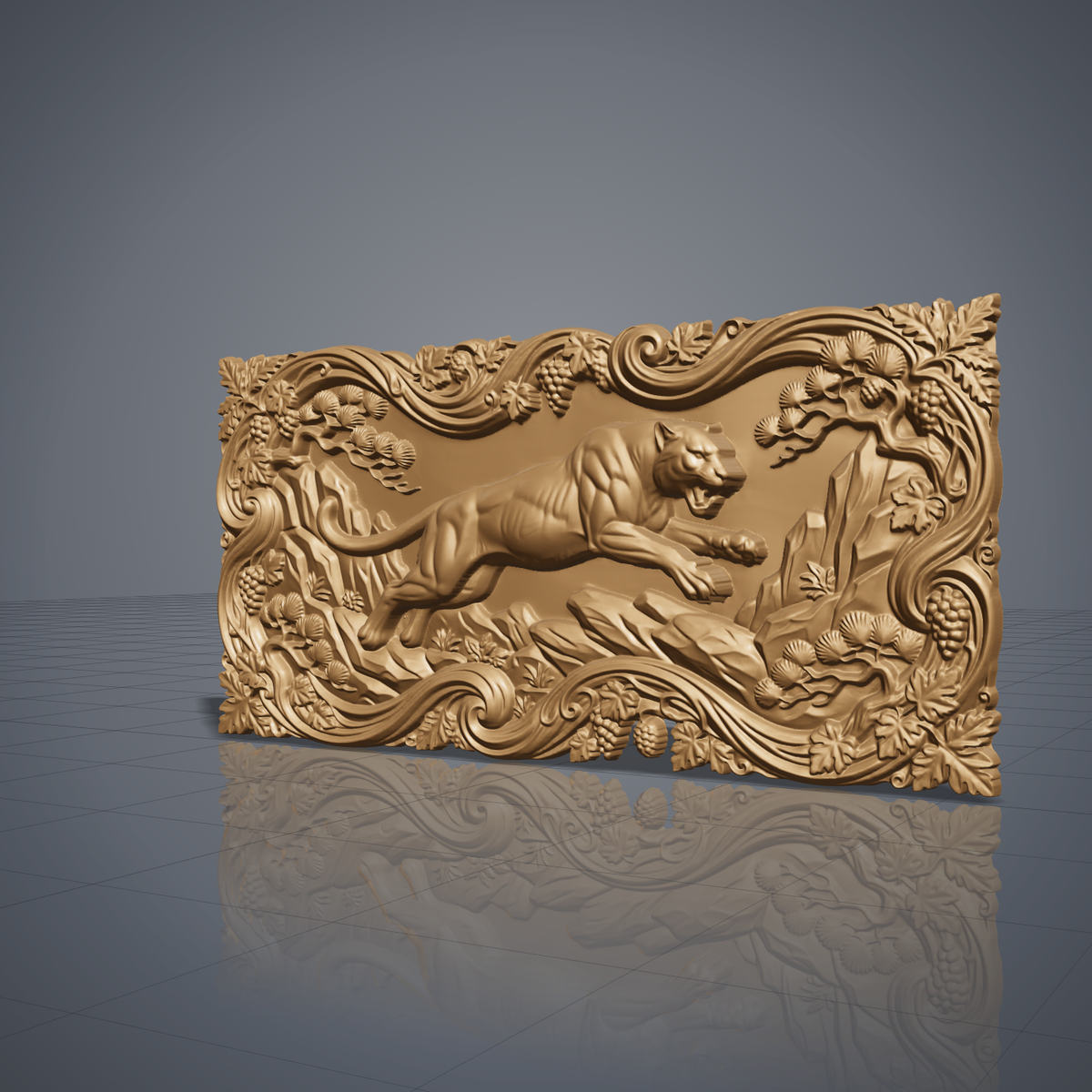 Leaping mountain lion carved in dark walnut wood as a cutout with a scrolling vine, grape and pine branch border and leaf corners, shown as a workshop mockup and a grey resin render. Digital STL relief file for CNC routers and 3D printers, ideal for wildlife wall art, panels and woodworking projects.